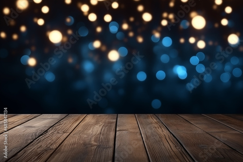 Wooden table on the holiday background with lights and bokeh illumination, in the style of wood, American tonalism, dark bronze and dark azure, rustic core, light-filled landscapes