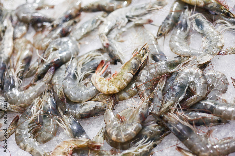 Raw shrimps on ice. Seafood background. Supermarket seafood shopping. Gray fresh prawns chilled in ice. Seafood texture. 