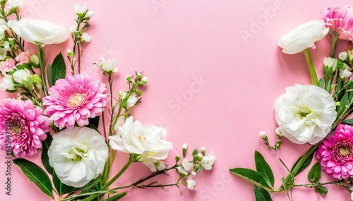 flowers composition pink and white flowers on pastel pink background flat lay top view copy space © Florence