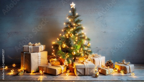 holidays background with illuminated christmas tree gifts and decoration