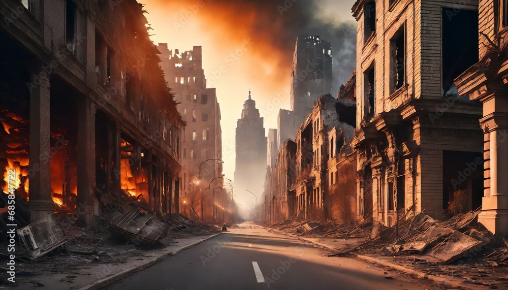 empty street of burnt up city apocalyptic view of city downtown as disaster film poster concept city destroyed by war