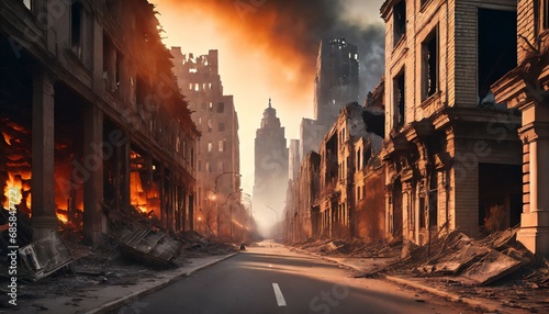 empty street of burnt up city apocalyptic view of city downtown as disaster film poster concept city destroyed by war © Florence