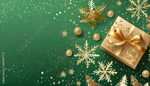 christmas themed horizontal banner with gold symbols text tree gift tinsel confetti snowflakes on a green background header for website template