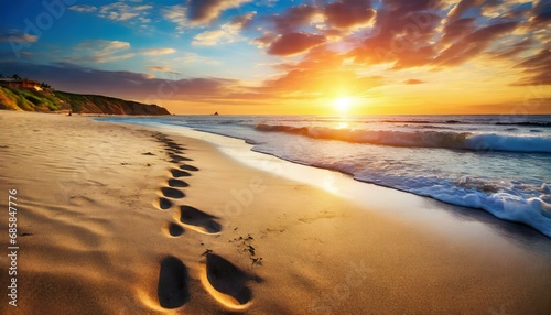 footprints in the sand on the beach at sunset generative ai