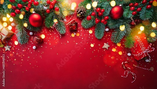 red christmas background with fir branches lights and decorations