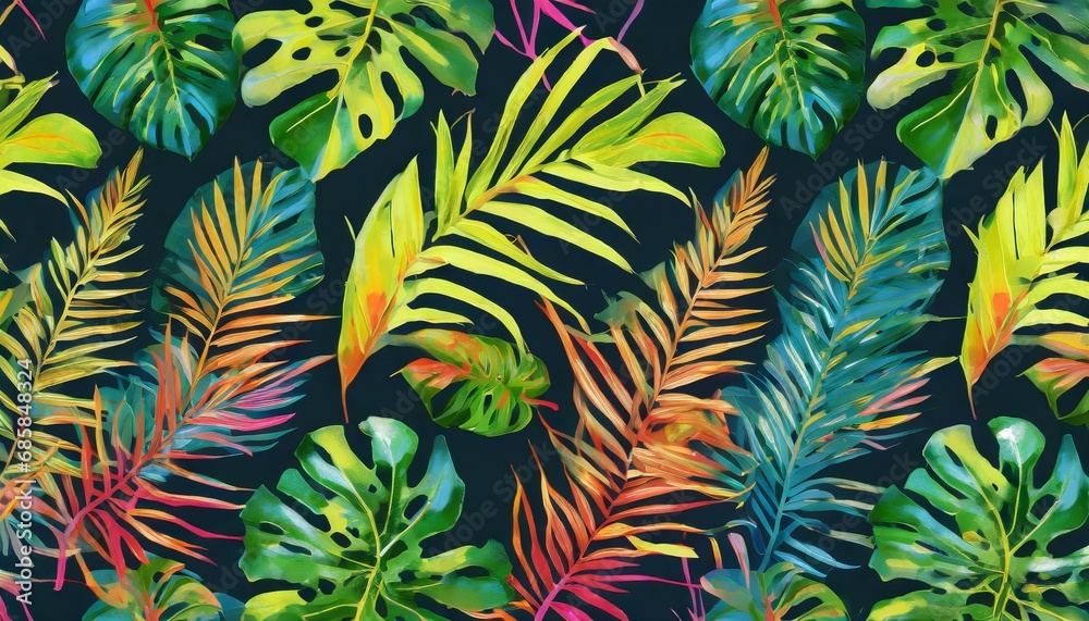 tropical leaves in a bright coloured pattern on a dark background