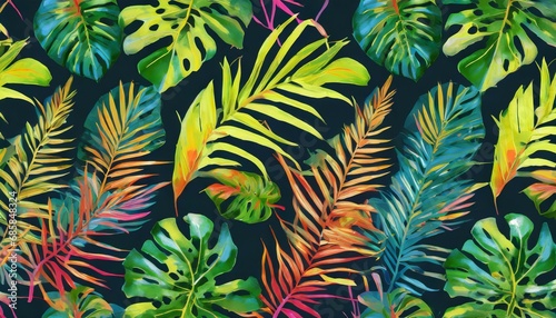 tropical leaves in a bright coloured pattern on a dark background © Florence