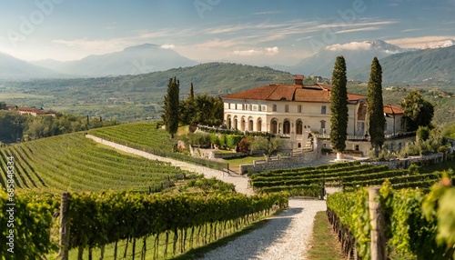 sprawling villa surrounded by vineyards in the heart of the wine regions such as chianti or valpolicella with wine cellars terraces and outdoor dining areas photo