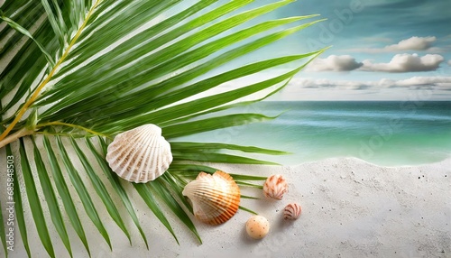 summer background with green palm leaf and shell beach texture copy space