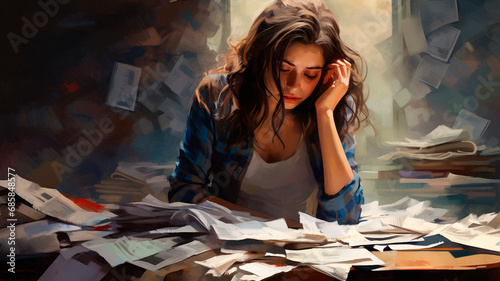 A frustrated young woman sits at a desk littered with overdue bills. A picture of financial strain, debt and uncertainty. Generative AI photo