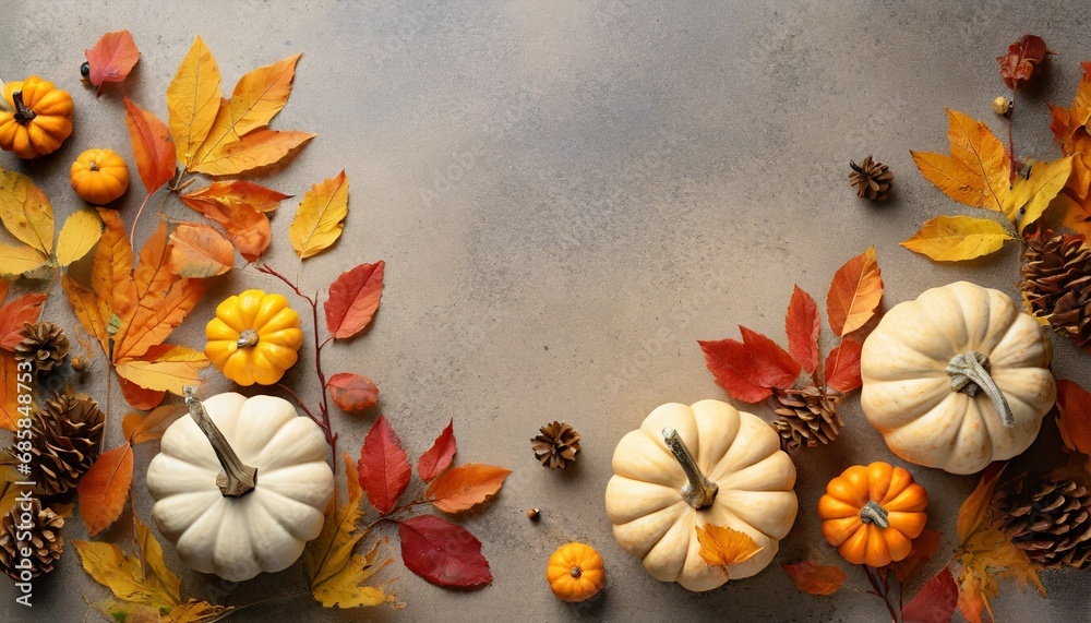 autumn flat lay background pumpkins and fall leaves autumn decorations with copy space