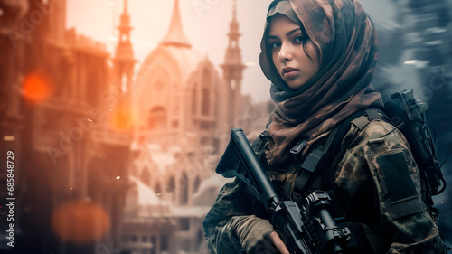 Malay woman in combat gear, against the backdrop of an abandoned city. Generative AI photo