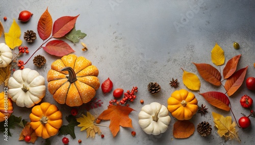 autumn flat lay background pumpkins and fall leaves autumn decorations with copy space