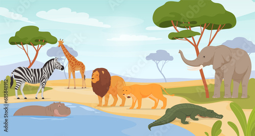 Animals from the African continent at watering holes on the background of nature in a cartoon style. Carnivores and herbivores from the hot area. Vector illustration