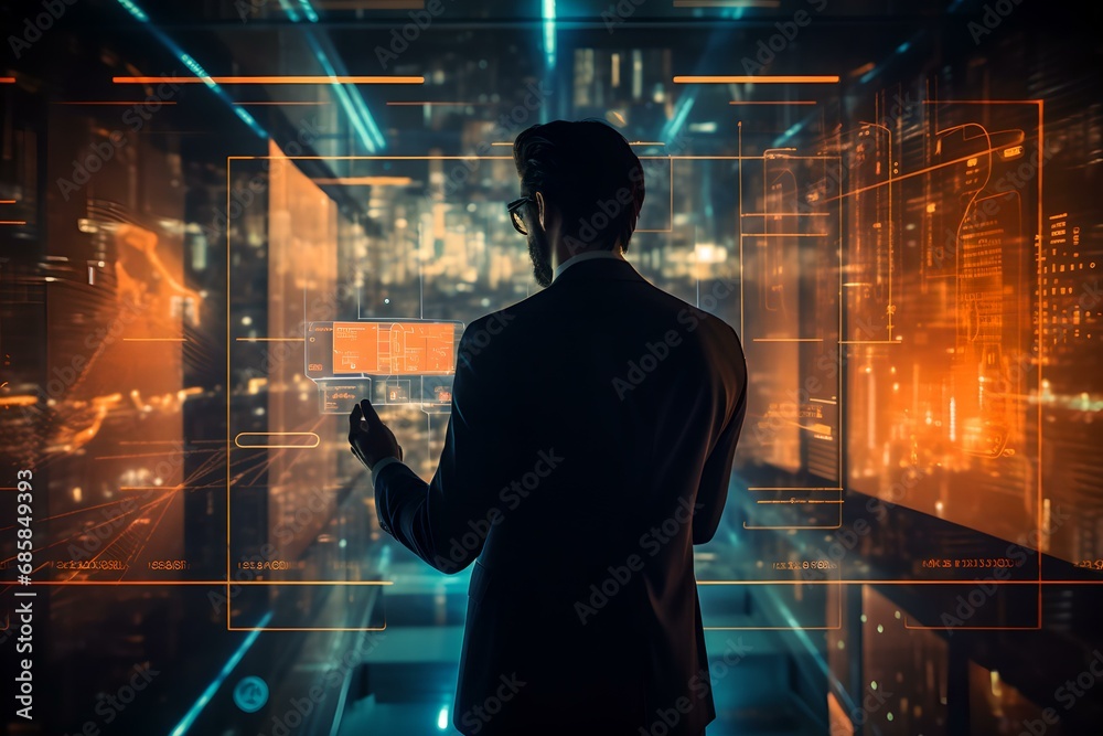 Business Man studying Data Analytics on a virtual HUD Heads up Display Business Man studying Data Analytics on a virtual HUD Heads up Display