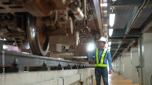 Railway Transportation Inspector With Engineer Checking and Maintaining part of train in station.  engineers for electric trains use searchlights to locate and check condition under sections.