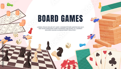 Board games banner. Fun home games for friendly companies. Games developing logical thinking. Vector illustration