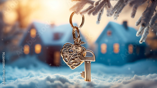 Winter Keys: Charming Cottage Keychain Amidst a Modern Country House and Snowy Garden - Moving to a New Home or Renting Delightful Properties. Generative AI photo