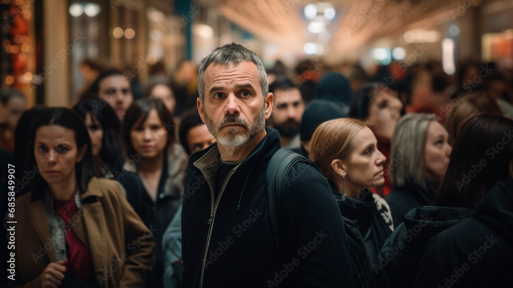waiting in line in a crowd of people. a picture showing the emotions of delay and waiting for your turn. Generative AI - obrazy, fototapety, plakaty 