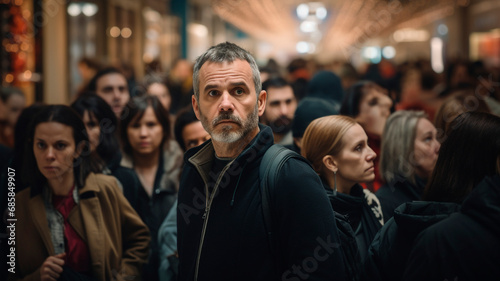 waiting in line in a crowd of people. a picture showing the emotions of delay and waiting for your turn. Generative AI © Yuriy Maslov
