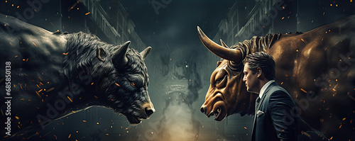 Angry Bulls fight in suits. Bull market bussiness concept.