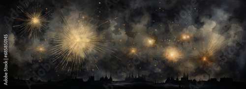 bright fireworks lit up the sky on the night, Happy new year glitter gold banner, with, bokeh panorama, dark gray and indigo. Explosion, Christmas