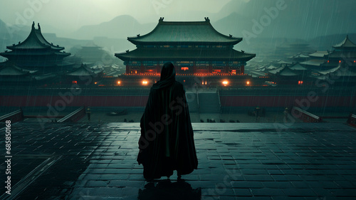 A black-clad futuristic warrior in the Forbidden City in Beijing. Generative AI