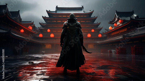 A black-clad futuristic warrior in the Forbidden City in Beijing. Generative AI photo