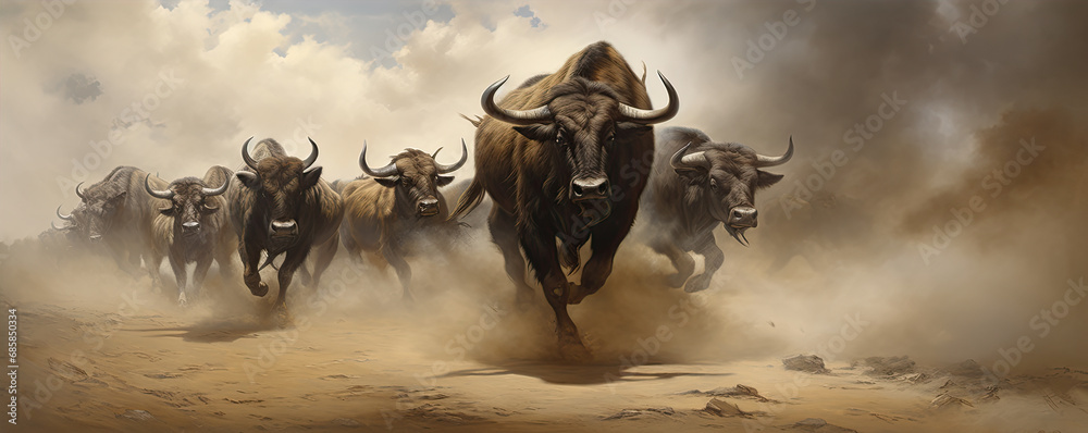 Horde of angry buffalos running to camera. cloud of dust everywhere. - obrazy, fototapety, plakaty 