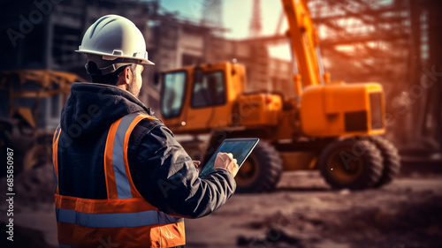 An engineer utilizing a tablet while engaged in work against the backdrop of heavy construction machinery at a construction site. Generative AI