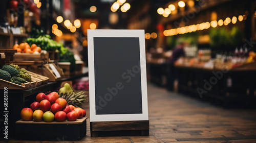 Generative AI, poster or signboard mock up for logo design, brand presentation on blurred food market background photo