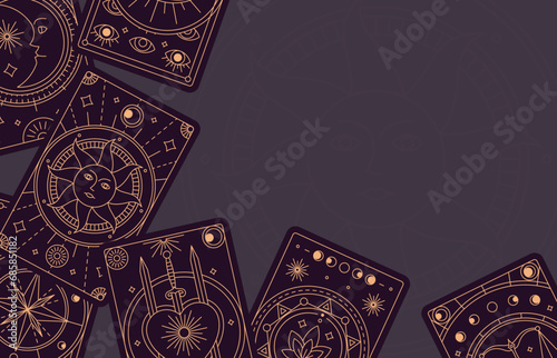Magic tarot cards. Cards with various mystical symbols. Divination and astrology with the help of maps, knowledge of the future. Vector illustration