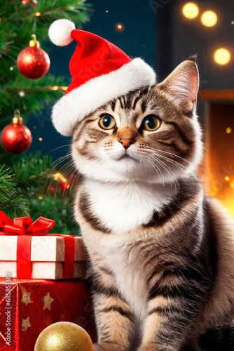 Domestic cute cat on a New Year's backgrounds with gifts. Winter holidays celebration.