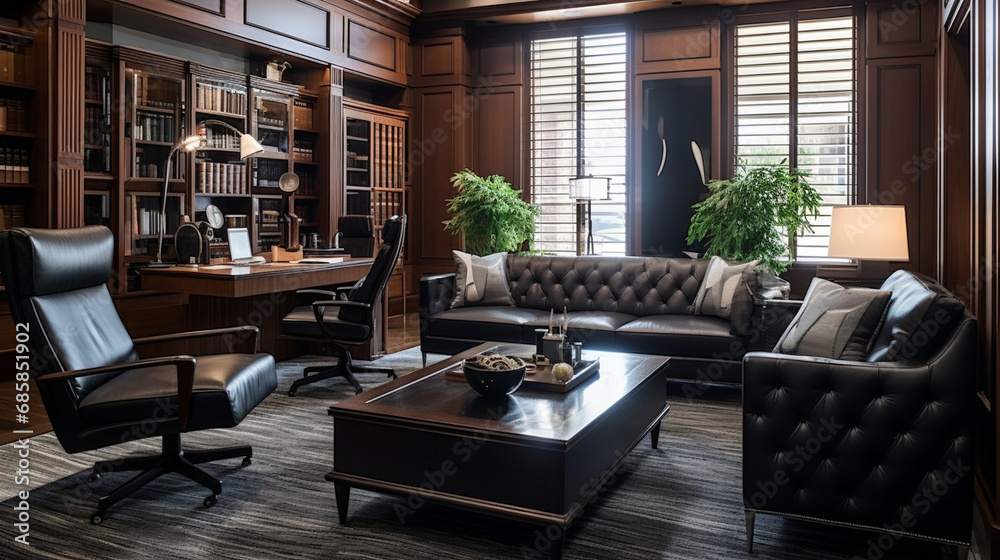 Legal Elegance: Visualize an advocate in a stylish law office, surrounded by polished wood and leather, exuding professionalism and sophistication