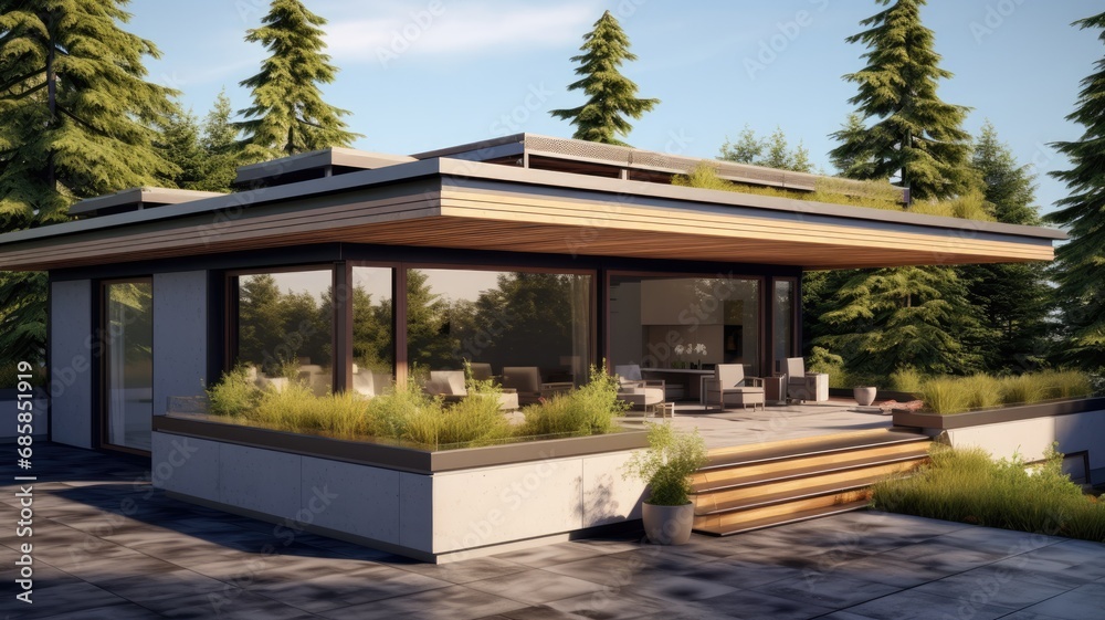 Luxury house with flat roof because the time for pointed roofs is over. Generative AI Technology Luxury house with flat roof because the time for pointed roofs is over. Generative AI Technology
