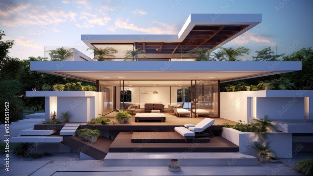 Fototapeta premium Luxury house with flat roof because the time for pointed roofs is over. Generative AI Technology