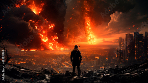  Brave Individual Amidst a Devastated Urban Landscape, Facing Fires and Explosions Following a Rocket Assault. Generative AI