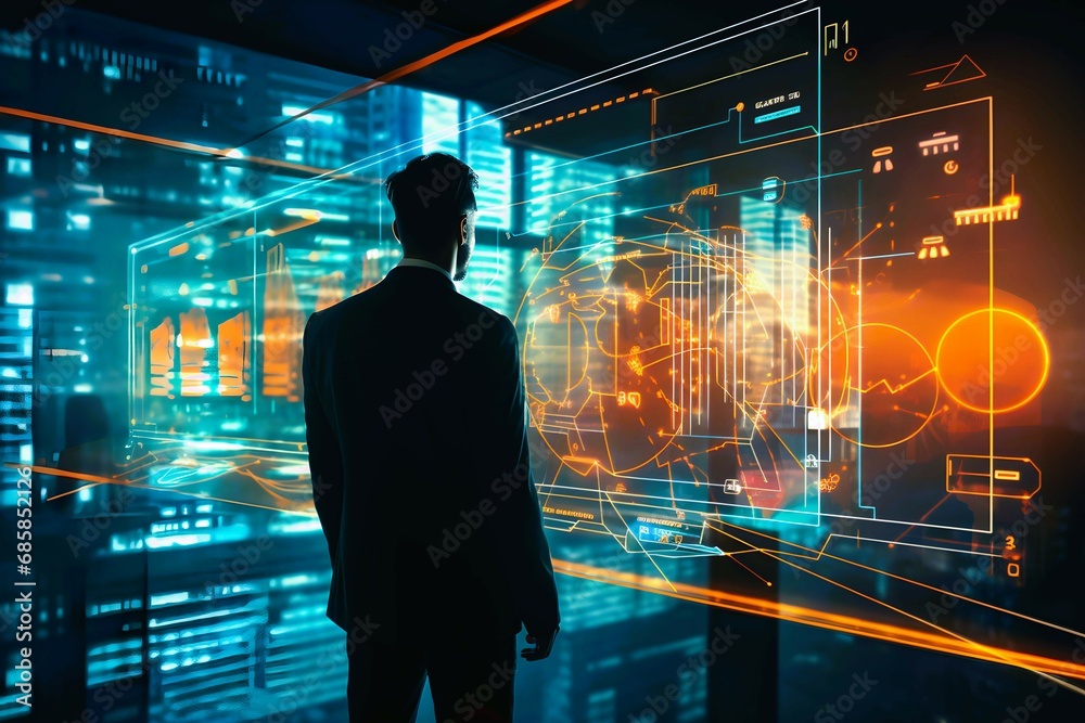 Business Man studying Data Analytics on a virtual HUD Heads up Display Business Man studying Data Analytics on a virtual HUD Heads up Display