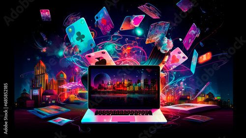 Online casinos, big gambling in your laptop. illustration of online gambling apps, generative AI 