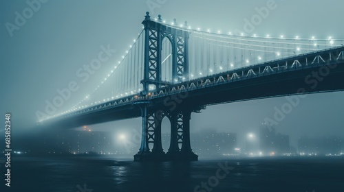 Manhattan Bridge in fog, top view