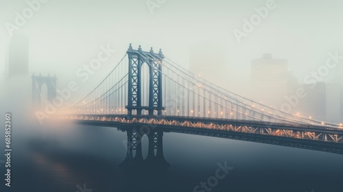 Manhattan Bridge in fog, top view