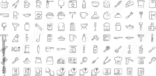 Kitchen appliances and cooking hand drawn icons set, including icons such as Kettle, Knife, Kitchen, Pan, Saucepan, Rolling Pin, and more. pencil sketch vector icon collection