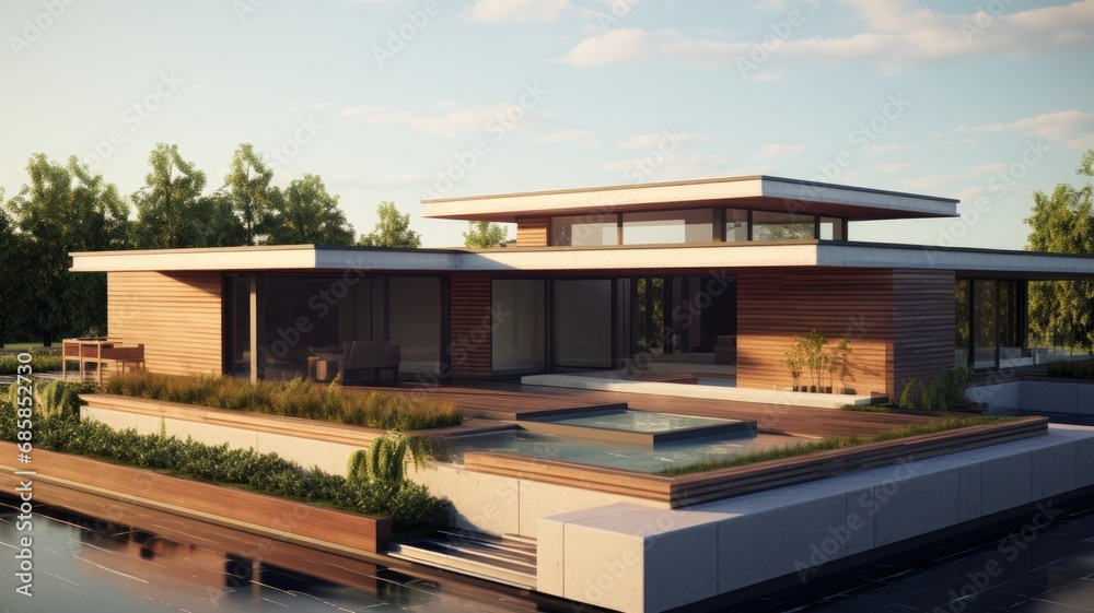 Fototapeta premium Luxury house with flat roof because the time for pointed roofs is over. Generative AI Technology