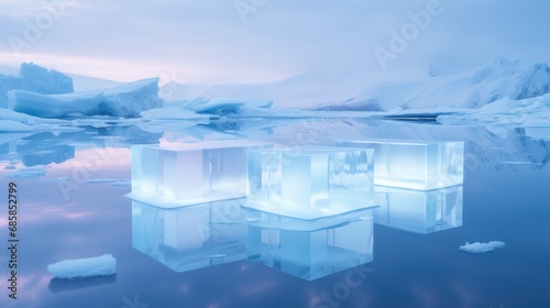 Winter landscape with glaciers. neon light. Blocks of ice on the water in Antarctica. Beautiful winter snow background. 3D illustration. 