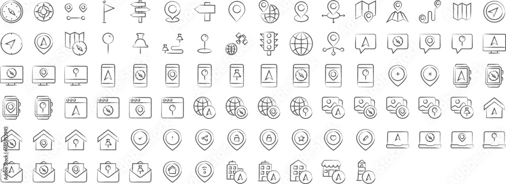 Maps and navigation hand drawn icons set, including icons such as Direction, map, location, Placeholder, and more. pencil sketch vector icon collection