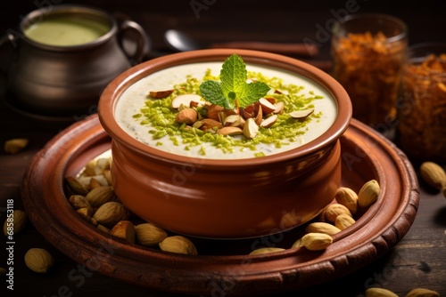 A close-up shot of the creamy, traditional Indian dessert 'Malai', garnished with crushed pistachios and served in a clay pot, capturing the rich cultural heritage of Indian cuisine