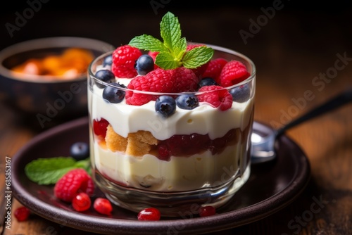 A traditional Dutch dessert, Vla, beautifully presented in a glass bowl, garnished with fresh fruits and mint leaves, on a rustic wooden table