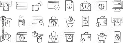Budget and Money investment hand drawn icons set, including icons such as Atm Card, Atm, Cash Payment, File, Invoice, and more. pencil sketch vector icon collection photo