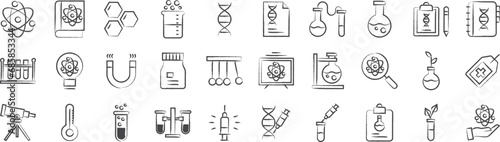 Science and experiments hand drawn icons set, including icons such as Physics, Atom, Cells, Dna, Magnet, Journal, Sprout, Syringe, and more. pencil sketch vector icon collection