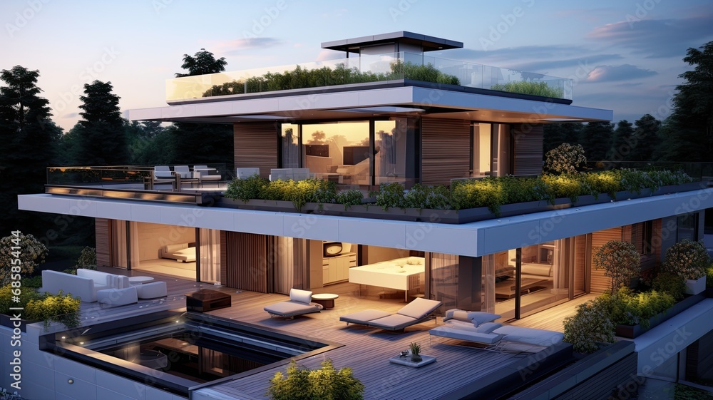 Fototapeta premium Luxury house with flat roof because the time for pointed roofs is over. Generative AI Technology